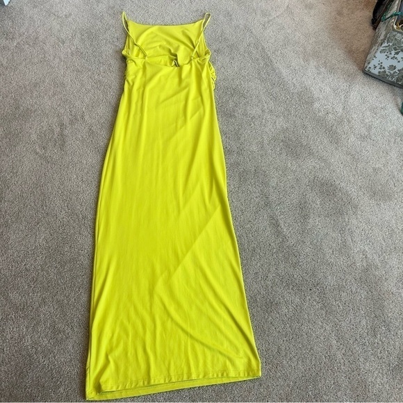 Zara lime green yellow ruched bodycon spaghetti strap maxi dress Sz L NWOT - Picture 4 of 12